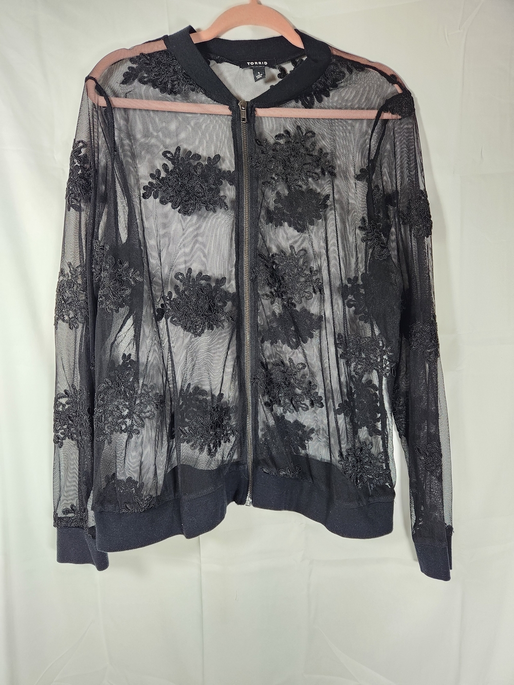 Torrid Black Sheer Floral Embroidered Bomber Jacket